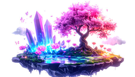 A vibrant illustration depicts a magical floating island adorned with a cherry blossom tree, glowing crystals, and lotus flowers, with reflections shimmering in a tranquil pond. This ethereal scene is ideal for themes of fantasy, nature, spirituality, or serene backdrops in various digital and print media.の素材