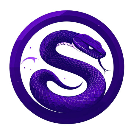 A vibrant purple snake is artistically coiled into the shape of the letter 'S' within a concentric purple circle, featuring intricate scale details and a flicking tongue. This striking and modern graphic illustration is ideal for branding, logos, mascots, or any design project requiring a powerful and distinctive animal symbol.の素材