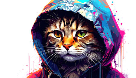 A captivating AI-generated illustration features a tabby cat wearing a trendy, brightly colored hoodie with a splash art design against a clean white background. This eye-catching image is perfect for various commercial uses, including posters, merchandise, digital campaigns, and branding that requires a modern and playful aesthetic.の素材