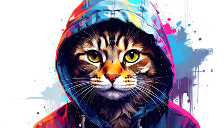 This vibrant digital illustration showcases a cool cat wearing a colorful, graffiti-style hoodie, featuring expressive yellow eyes and intricate fur details against an abstract background with dynamic paint splatters. This unique and eye-catching image is ideal for various commercial uses, including merchandise design, posters, album covers, social media content, or modern branding.の素材