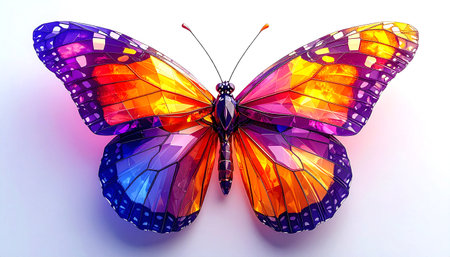 A stunning AI-generated image features a vibrant butterfly with wings composed of faceted, jewel-like segments in shades of purple, orange, and blue. This eye-catching digital illustration is ideal for modern design projects, backgrounds, or decorative purposes.の素材