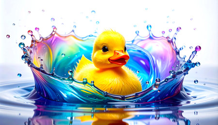 A fluffy yellow duckling sits happily amidst a dynamic and colorful water splash, rendered with vibrant hues. This charming AI-generated illustration is perfect for children's books, greeting cards, marketing materials, or themes related to joy and cleanliness.の素材