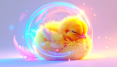 A fluffy yellow baby chick is nestled peacefully inside a glowing, translucent bubble, accompanied by a delicate pink feather on a soft gradient background. This whimsical and charming illustration is ideal for themes of new beginnings, tenderness, innocence, or spring holidays like Easter.の素材