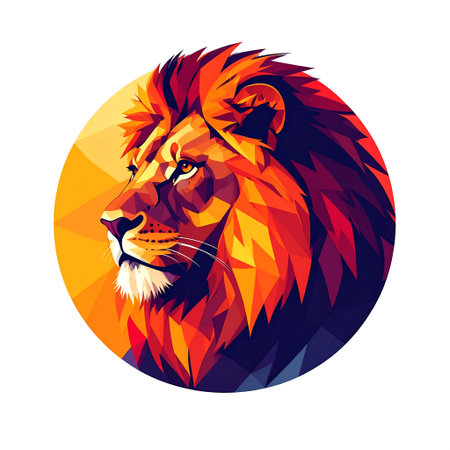 A stunning AI-generated illustration depicts a lion's head in profile, composed of dynamic geometric shapes and a vibrant palette of orange, red, and purple. This eye-catching graphic is perfect for branding, logos, t-shirt designs, or any project requiring a powerful and modern animal motif.の素材