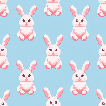 A charming seamless pixel art pattern features cute pink bunnies against a soft blue background. This adorable illustration is perfect for children's products, Easter designs, textiles, digital wallpapers, or any project needing a nostalgic, sweet animal theme.の素材
