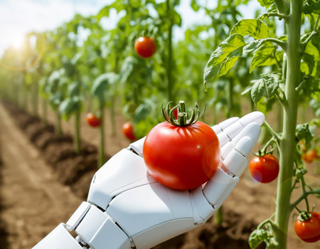 Robot hand holding tomato in the field. Future technology concept. Futuristic high-tech innovations in agriculture and smart farming technologiesの素材
