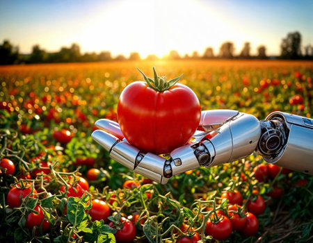 Close-up of a robot hand holding a ripe red tomato on the field. Futuristic high-tech innovations in agriculture and smart farming technologiesの素材