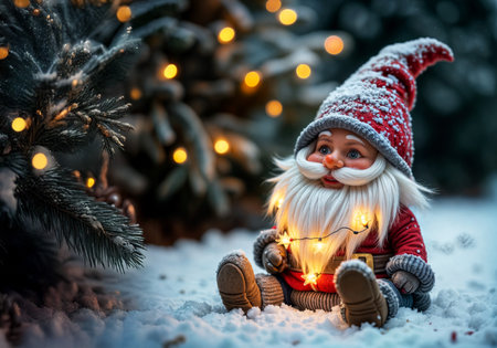 Charming Gnome Sitting in the Snow, Surrounded by Twinkling Christmas Lightsの素材