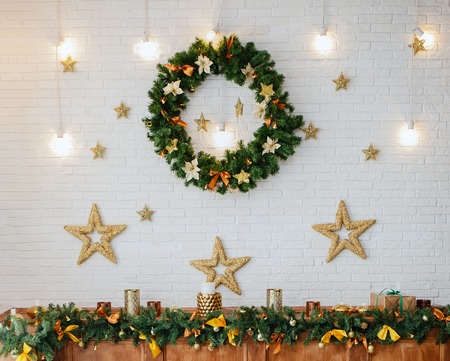 Christmas tree lights, garland and a star garlandの写真素材