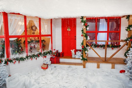 New Year veranda house decoration in red styleのeditorial素材