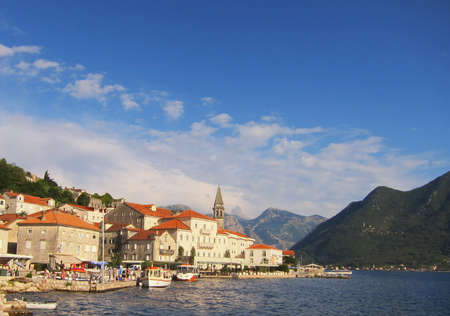 An embankment of the medieval town of Perast in the Bay of Kotor.の写真素材