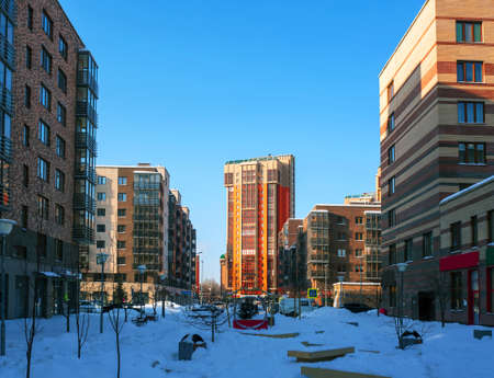 Winter uninhabited city streets on a very cold morning. Harsh climate. Low temperature. Sunny winter morning.の写真素材