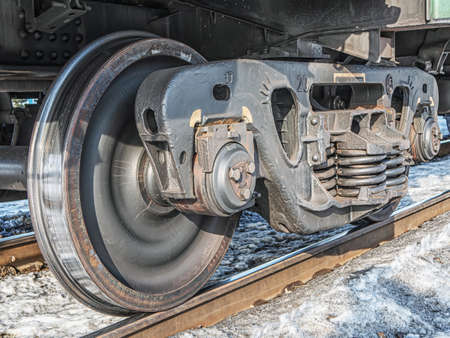 A railway bogie on the rails. Close-up.の写真素材