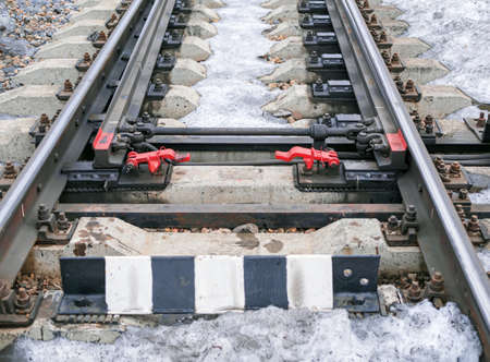 Railroad switch of railroads. Junction switching. Close-up.の写真素材