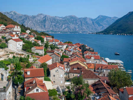 View to Perast town. Kotor bay, Mediterranean sea.の写真素材