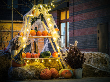 Pumpkins are on a shelf at the farmers' market. Halloween sale at the late evening. Close-up.の写真素材