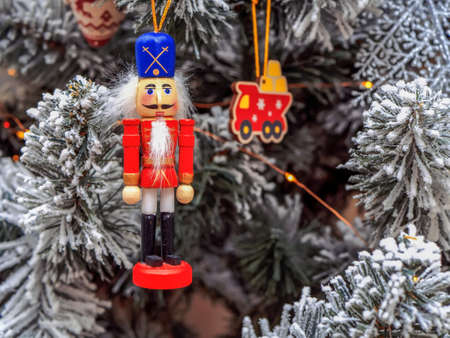 Decorated Christmas tree. Christmas and New Year decorations, Nutcracker, lights garlands, toys. Close-up.の写真素材