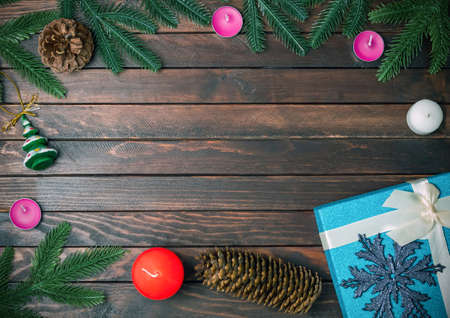 Christmas and New Year background with decorations on dark wooden boards. Flat layの写真素材