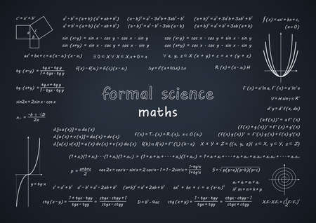 Background of a chalk board covered with written maths formulas. Backdrop for formal sciences,...