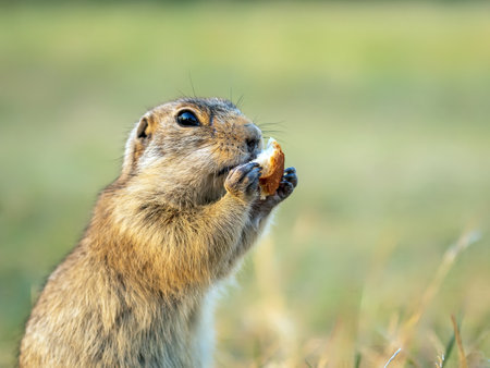 A gopher on the lawn holds a piece of baguette in its paws. close-up.の写真素材