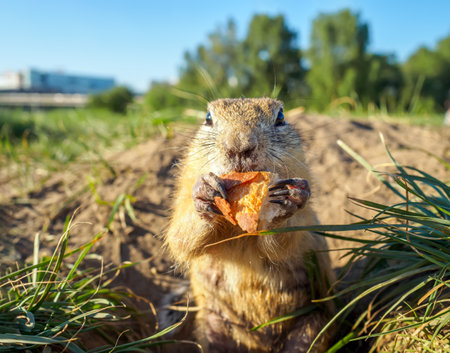 A gopher is eating a piece of wheat bread near its hole. close-up.の写真素材