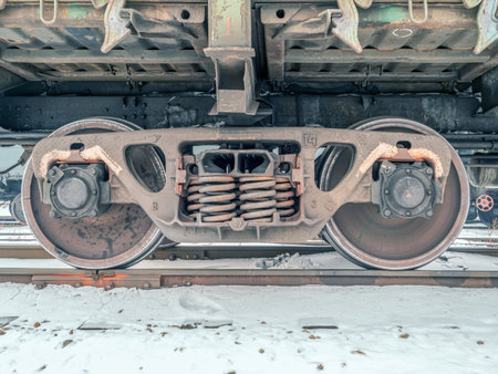 A railway bogie on the rails. close-up.の写真素材