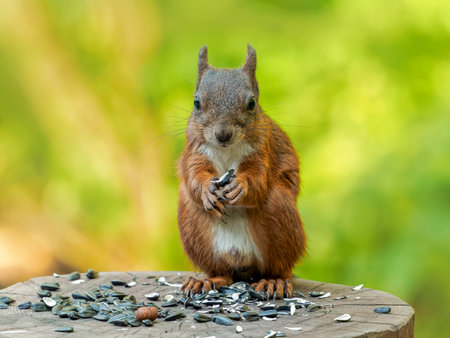 Squirrel sitting on a stump and eating nuts and seeds.の写真素材