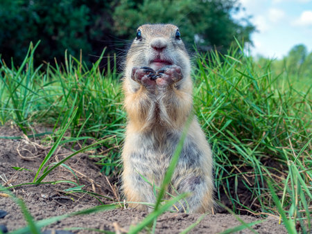 The prairie dog eating sunflower seed holding it in the front paws and looking at the camera