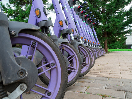 Parking of e-scooters. Scooter-sharing system of city transportation.の写真素材