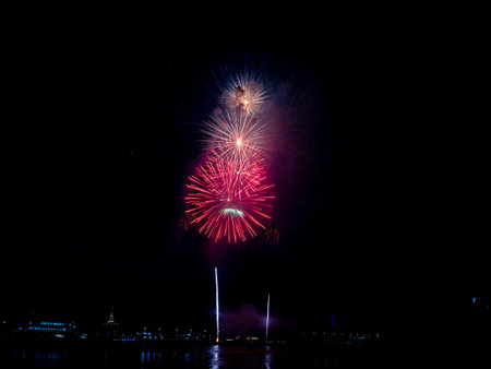 Multiple fireworks against the deep black sky. Bright display of the fireworks