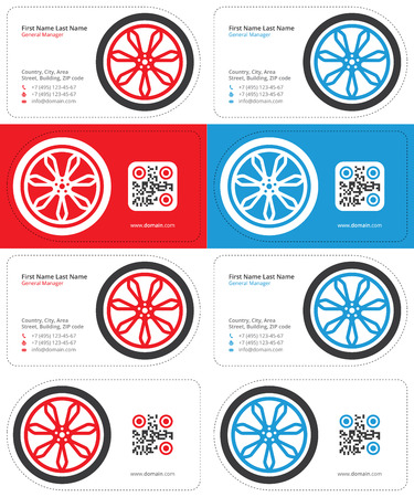 car wheel business cards, red and blue colors with a qr code, die cut cardsのイラスト素材