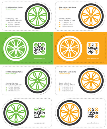 car wheel business cards, green and yellow colors with a qr code, die cut cardsのイラスト素材