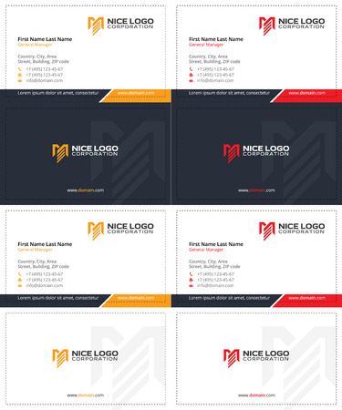 m and e letters business cards, dark blue, yellow and red colorsのイラスト素材