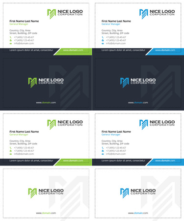 m and e letters business cards, dark blue, green and blue colorsのイラスト素材