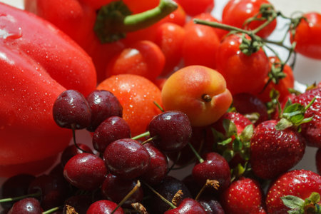 Bright fruits and vegetables in red and orange colors with water dropsの写真素材