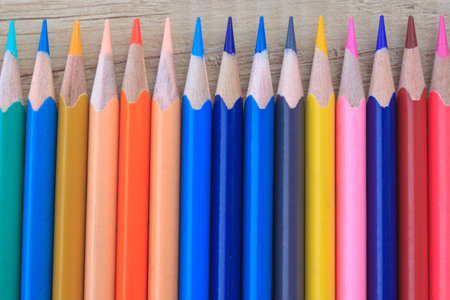 Sharply sharpened various colorful wooden pencils close-upの写真素材
