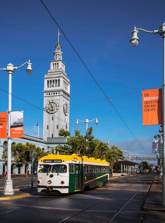 San Francisco Ferry Building and Train Car, San Francisco, Californiaのeditorial素材
