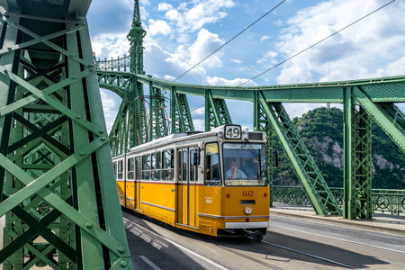 A tramway on Liberty Bridge in Budapest, Hungary on September 2017のeditorial素材