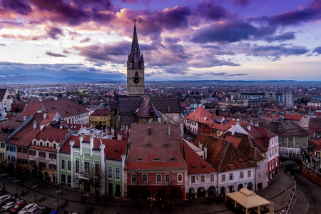 The Evangelical Church on Huet Square at sunset in Sibiu, Romaniaの写真素材