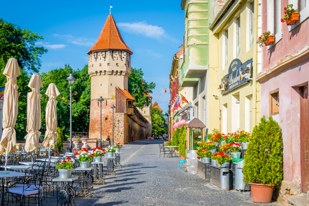 Colorful street in Sibiu in the morning, Transylvania region, Romania, summer 2017のeditorial素材
