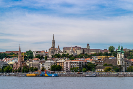 View from street to Fisherman's Bastion castle and tower in Budapest, Hungaryの写真素材