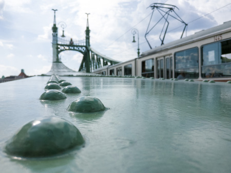 A tramway on Liberty Bridge in Budapest, Hungary on September 2017のeditorial素材