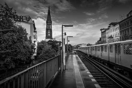 Metro is arriving at Gorlitzer Bahnhof in Berlin, Germanyの写真素材