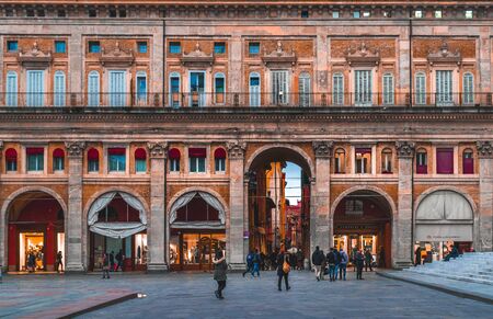BOLOGNA, ITALY - 17 FEBRUARY, 2016: Unidentified people walking in Piazza Maggiore, Bologna, Italyのeditorial素材
