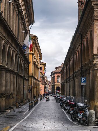 BOLOGNA, ITALY - 17 FEBRUARY, 2016: A beautiful street in Bologna on a cloudy day.のeditorial素材