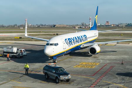 BOLOGNA, ITALY â FEBRUARY 2016: Ryanair jetliner arriving at the Bologna airport, Italy. Ryanair Ltd. is an Irish low-cost airline headquartered in Swords, Dublin, Ireland.のeditorial素材