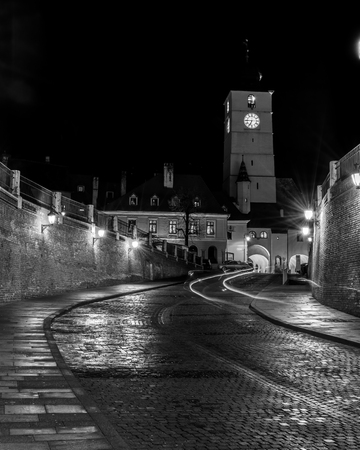 The Council Tower at night in Sibiu, Romania.の写真素材