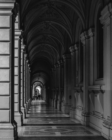 Portico, sheltered walkway, in Bologna with its almost 40 kilometres of porticos. Bologna is a unique city in the world.のeditorial素材