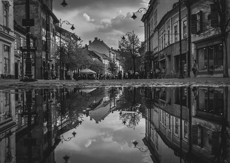 Reflection of a street in Sibiu, Romania.のeditorial素材