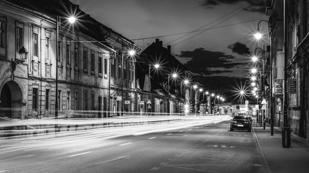 Beautiful monochrome night street in Sibiu, Romania.の写真素材